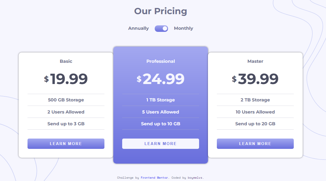 pricing component with toggle